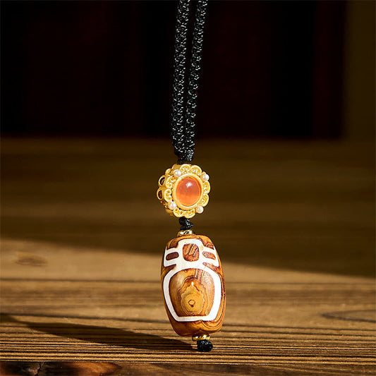 Buddha Stones Tibetan Agate Carved God of Wealth Nine-eye Dzi Bead Blessing Necklace Pendant