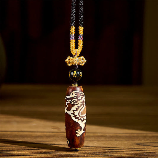 Buddha Stones Tibetan Agate Dragon Pattern Nine-eye Dzi Protection Necklace Pendant