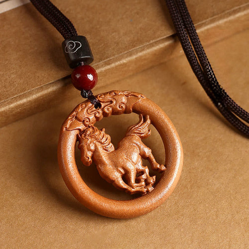 Buddha Stones Peach Wood  Chinese Zodiac Year Of The Horse  Ward Off Evil Spirits Necklace Pendants