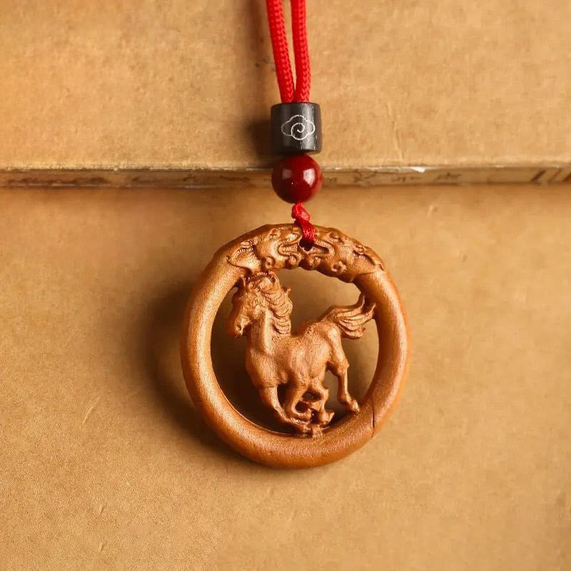Buddha Stones Peach Wood  Chinese Zodiac Year Of The Horse  Ward Off Evil Spirits Necklace Pendants