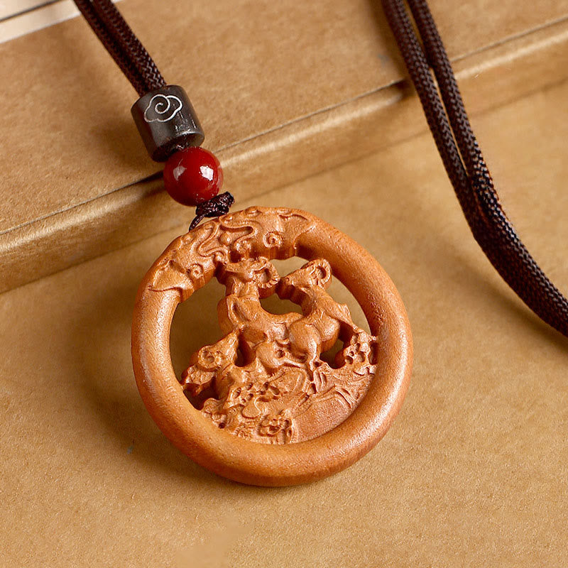 Buddha Stones Peach Wood  Chinese Zodiac Year Of The Horse  Ward Off Evil Spirits Necklace Pendants