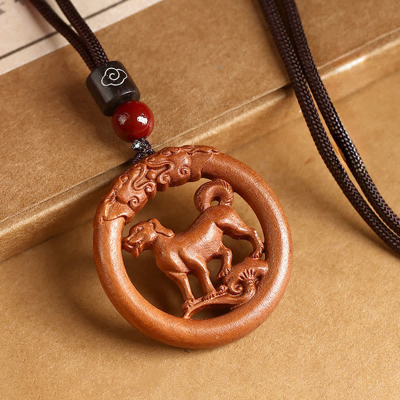 Buddha Stones Peach Wood  Chinese Zodiac Year Of The Horse  Ward Off Evil Spirits Necklace Pendants