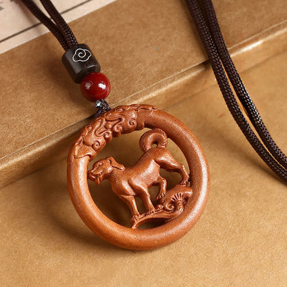 Buddha Stones Peach Wood  Chinese Zodiac Year Of The Horse  Ward Off Evil Spirits Necklace Pendants