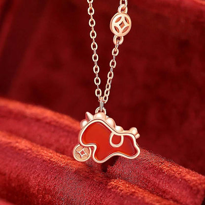 Buddha Stones 925 Sterling Silver Year Of The Horse Coin Charm Red Agate Blessing Necklace Pendant