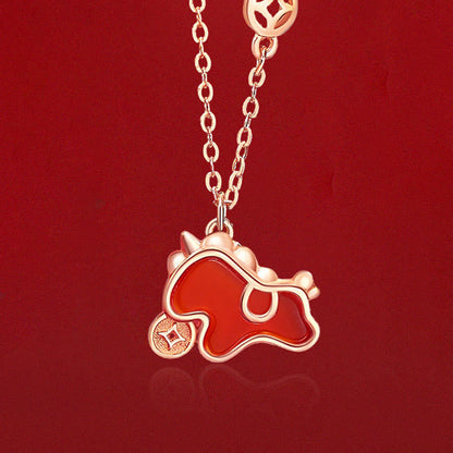 Buddha Stones 925 Sterling Silver Year Of The Horse Coin Charm Red Agate Blessing Necklace Pendant