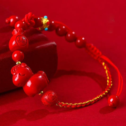Buddha Stones Year of the Horse Natural Cinnabar Fu Character Lucky Bag Blessing Bracelet