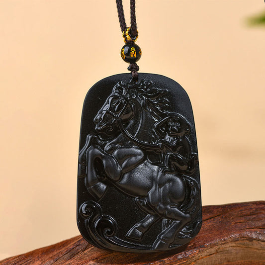 Buddha Stones Year of the Horse Natural Black Obsidian Strength Necklace Pendant