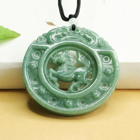 Buddha Stones Year of the Horse Round Jade Luck Rope Necklace Pendant