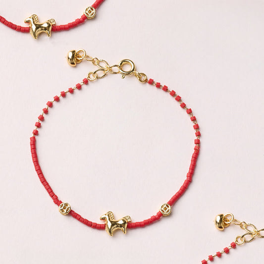 Buddha Stones 925 Sterling Silver Plated Gold Year of the Horse Red Liuli Glass Buddha Prosperity Bracelet