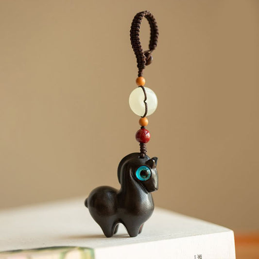 Buddha Stones Year of the Horse Small Leaf Red Sandalwood Green Sandalwood Ebony Wood Calm Key Chain
