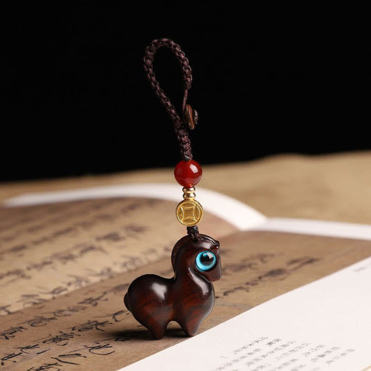Buddha Stones Year of the Horse Small Leaf Red Sandalwood Calm Key Chain Phone Hanging Decoration
