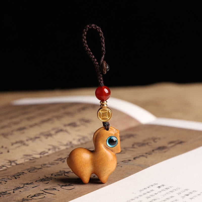 Buddha Stones Year of the Horse Small Leaf Red Sandalwood Calm Key Chain Phone Hanging Decoration