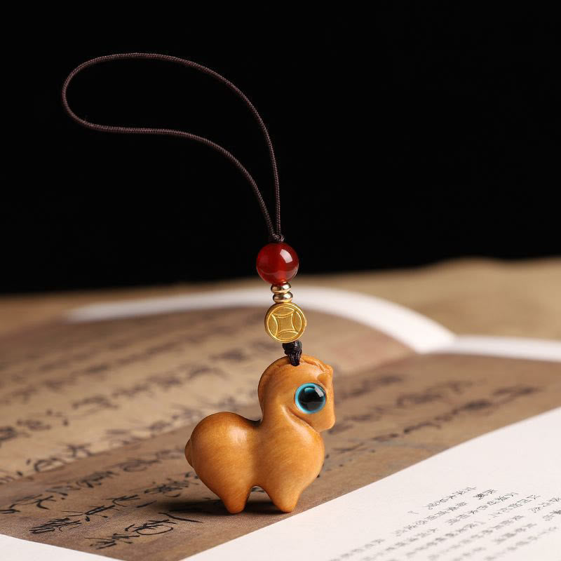 Buddha Stones Year of the Horse Small Leaf Red Sandalwood Calm Key Chain Phone Hanging Decoration