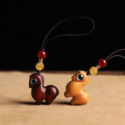 Buddha Stones Year of the Horse Small Leaf Red Sandalwood Calm Key Chain Phone Hanging Decoration
