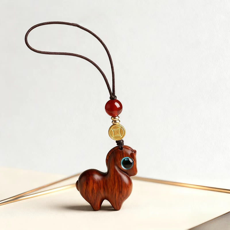 Buddha Stones Year of the Horse Small Leaf Red Sandalwood Calm Key Chain Phone Hanging Decoration