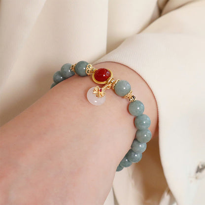 Buddha Stones Natural Jade Red Agate Pearl Bow Tie Luck Bracelet