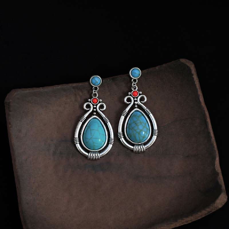 Buddha Stones Tibet Vintage Turquoise Waterdrop Strength Drop Dangle Earrings Clips