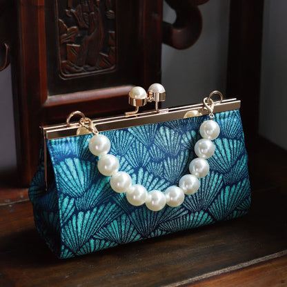 Buddha Stones Vintage Peacock Blue Leaf Pattern Pearl Metal Handbag