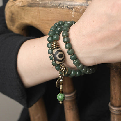 Buddha Stones Cyan Bodhi Seed Dzi Bead Wisdom Peace Triple Wrap Bracelet