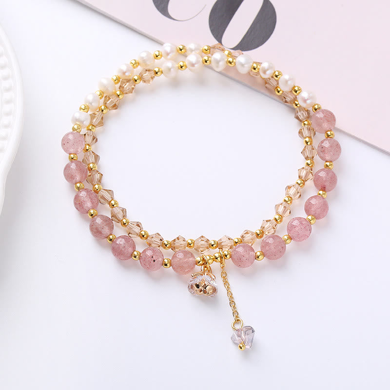 Buddha Stones Natural Amethyst Aquamarine Strawberry Quartz Pearl Peace Healing Double Wrap Bracelet