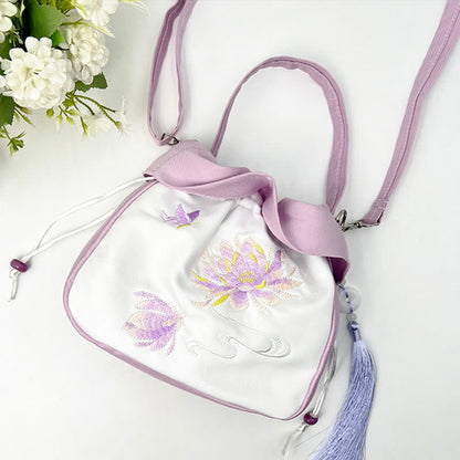 Buddha Stones Suzhou Embroidery Camellia Magnolia Peony Lotus Silk Tote Crossbody Bag Shoulder Bag Handbag