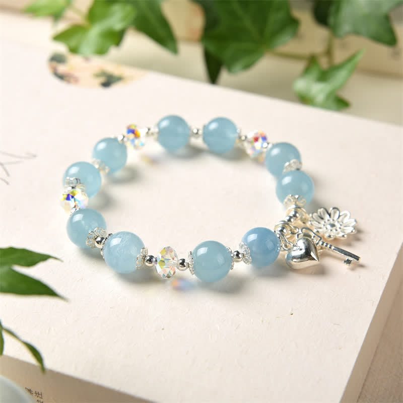 Buddha Stones 925 Sterling Silver Natural Aquamarine Serenity Flower Love Key Charm Bracelet