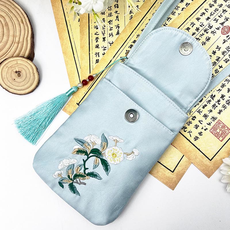 Buddha Stones Small Embroidered Flowers Crossbody Bag Shoulder Bag Double Layer Cellphone Bag