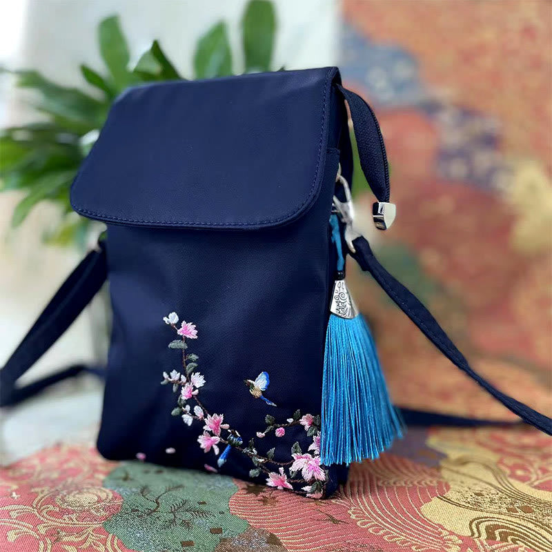 Buddha Stones Waterproof Handmade Embroidered Lotus Flowers Crossbody Bag Shoulder Bag Cellphone Bag