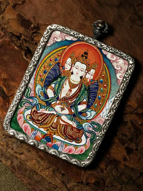 Vairocana Buddha Tibetan Hand-Painted Thangka Pendant - Zodiac Goat & Monkey Guardian Amulet