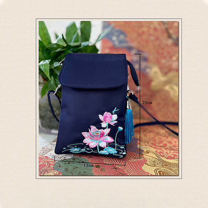 Buddha Stones Waterproof Handmade Embroidered Lotus Flowers Crossbody Bag Shoulder Bag Cellphone Bag