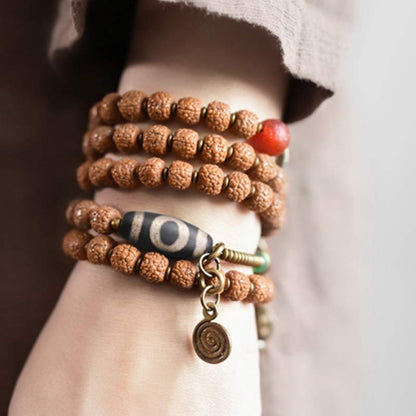 Buddha Stones 108 Mala Rudraksha Beads Bodhi Seed Dzi Bead Luck Auspiciousness Tassel Bracelet