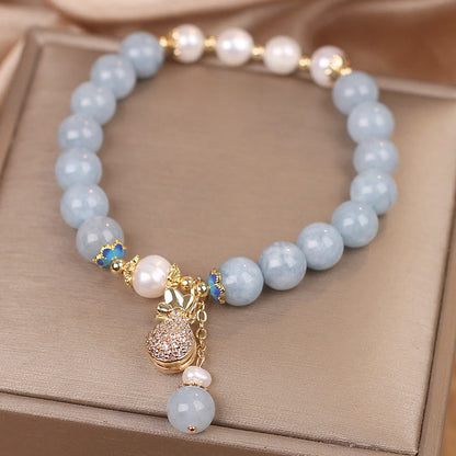 Buddha Stones Aquamarine Pearl Fortune Money Bag Charm Bracelet