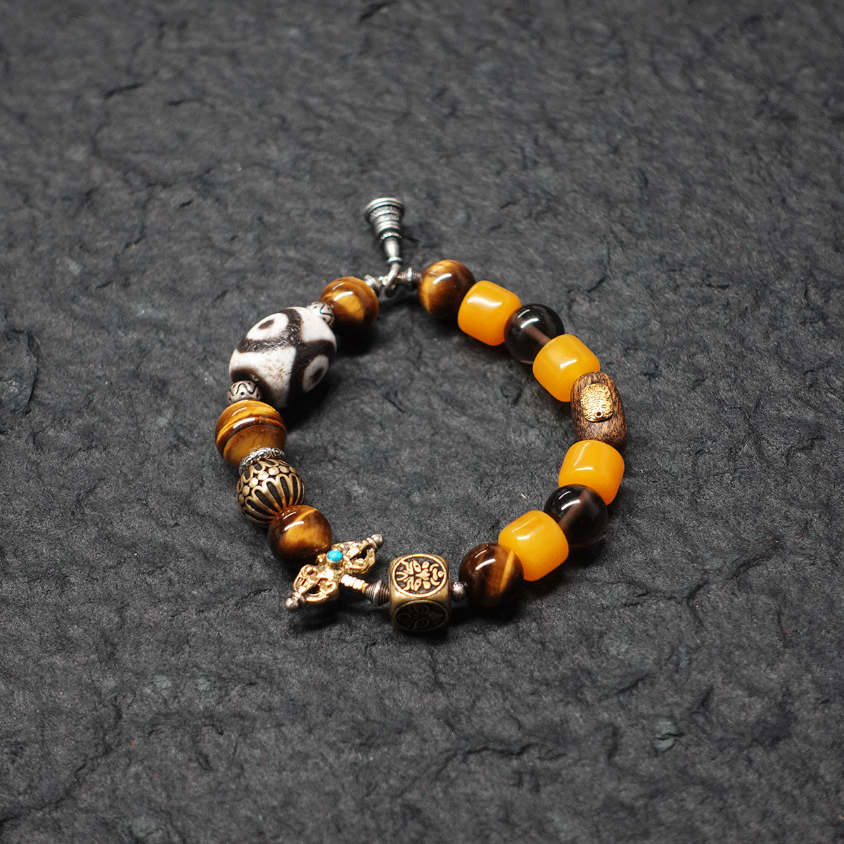 Protective Energy Three-Eyed Dzi Bead Bracelet Tibetan Vajra Silver Talisman