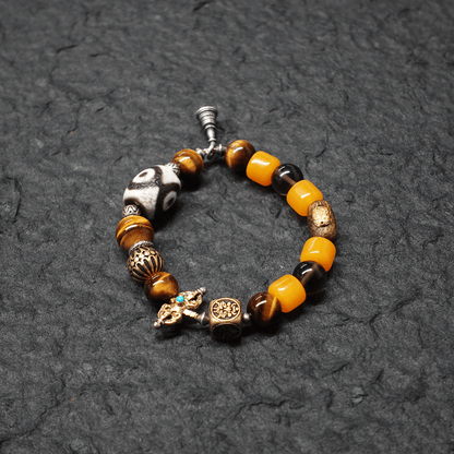 Protective Energy Three-Eyed Dzi Bead Bracelet Tibetan Vajra Silver Talisman