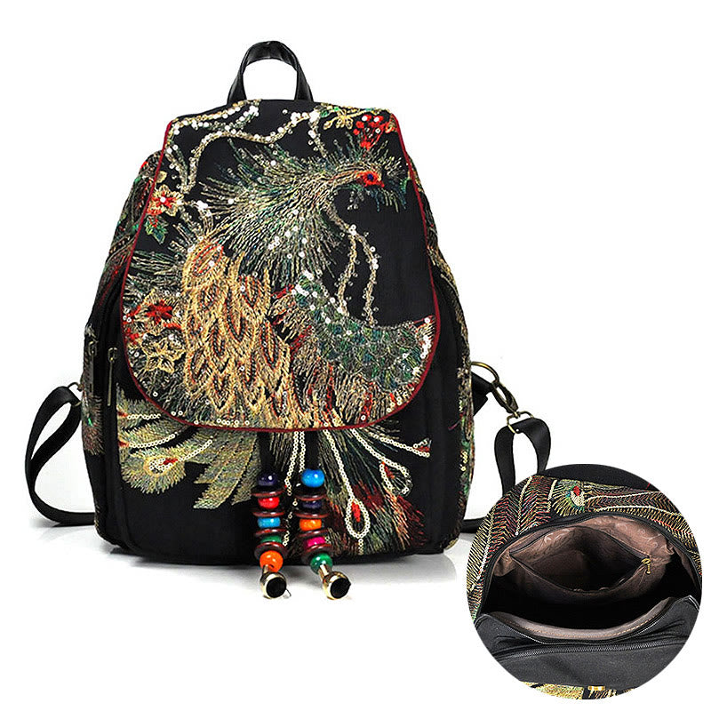 Buddha Stones Peacock Embroidery Canvas Tassel Backpack