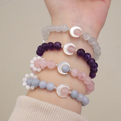 Buddha Stones 925 Sterling Silver Natural Amethyst Aquamarine Pink Crystal Cat's Eye Healing Crescent Moon Bracelet