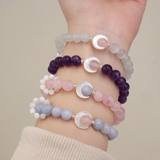Buddha Stones 925 Sterling Silver Natural Amethyst Aquamarine Pink Crystal Cat's Eye Healing Crescent Moon Bracelet
