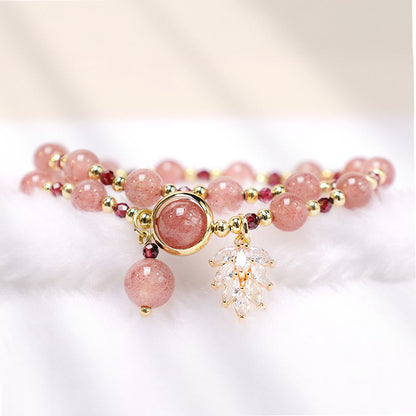 Buddha Stones Natural Strawberry Quartz Love Healing Maple Leaf Charm Double Wrap Bracelet
