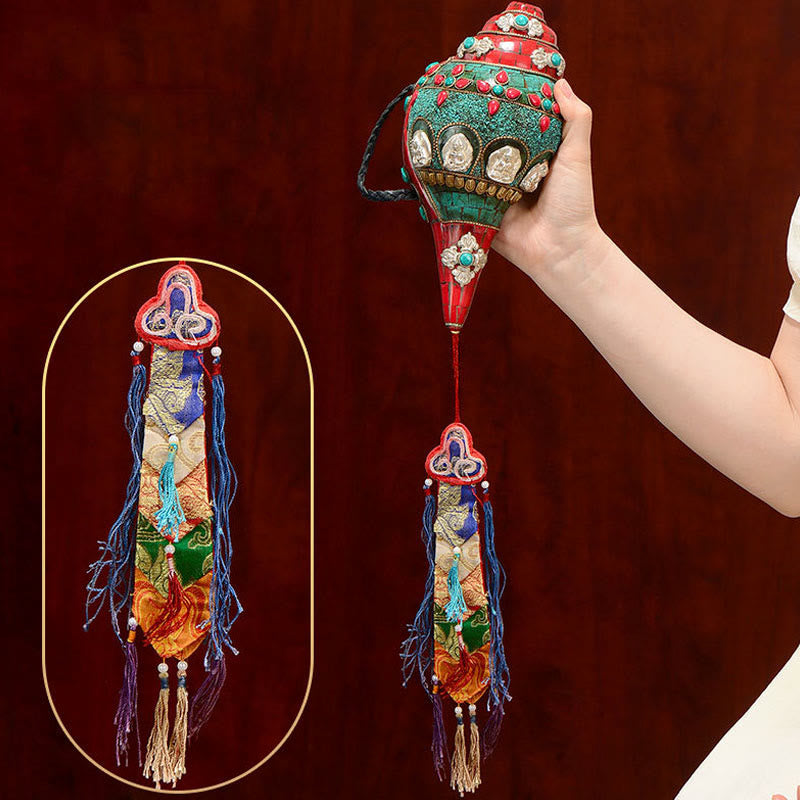 Buddha Stones Tibetan Handmade Shankha Om Mani Padme Hum Buddha Avalokitesvara Turquoise Conch Shell Positive Decoration