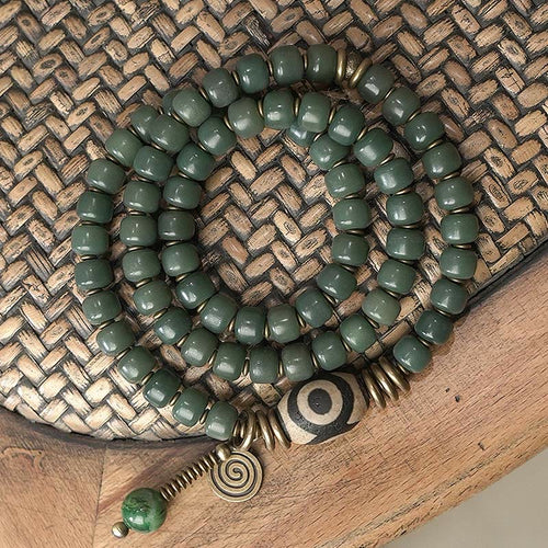 Buddha Stones Cyan Bodhi Seed Dzi Bead Wisdom Peace Triple Wrap Bracelet