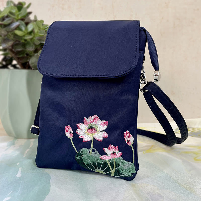 Buddha Stones Waterproof Handmade Embroidered Lotus Flowers Crossbody Bag Shoulder Bag Cellphone Bag