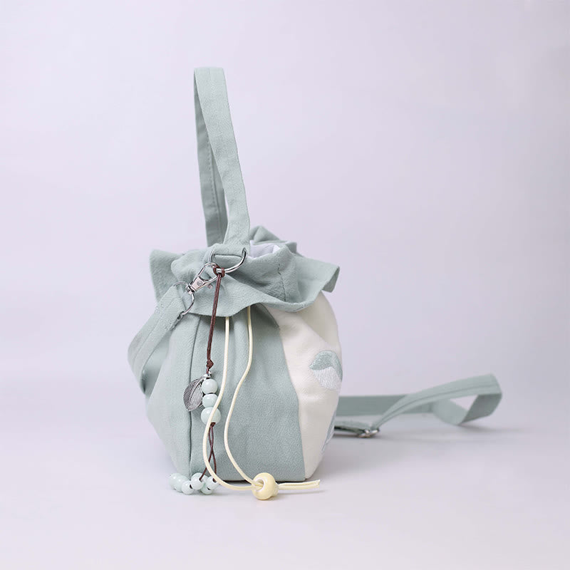 Buddha Stones Suzhou Embroidery Lotus Epiphyllum Magnolia Cotton Linen Tote Crossbody Bag Shoulder Bag Handbag