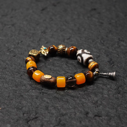 Protective Energy Three-Eyed Dzi Bead Bracelet Tibetan Vajra Silver Talisman