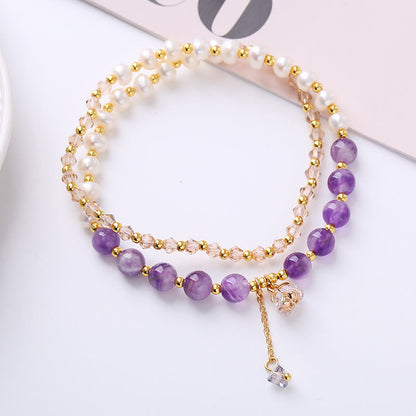 Buddha Stones Natural Amethyst Aquamarine Strawberry Quartz Pearl Peace Healing Double Wrap Bracelet