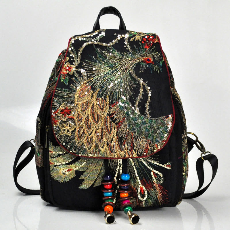 Buddha Stones Peacock Embroidery Canvas Tassel Backpack
