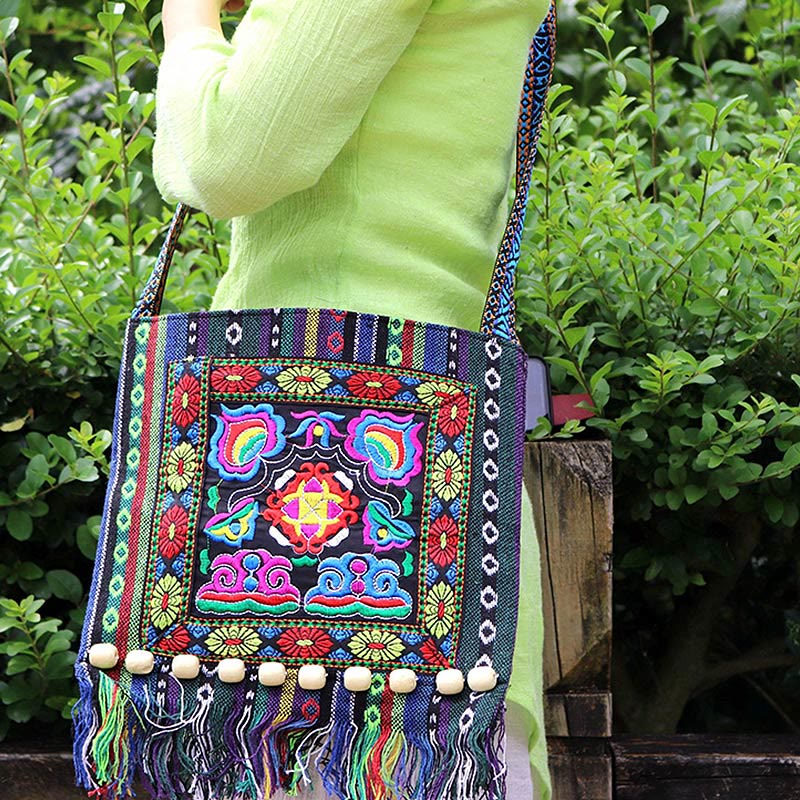 Buddha Stones Tibetan Handmade Embroidered Camellia Canvas Shoulder Bag Crossbody Bag