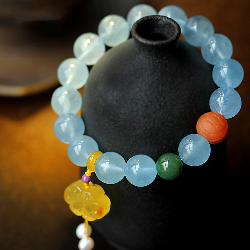 Buddha Stones Natural Aquamarine Amber Chinese Knotting Charm Peace Bracelet