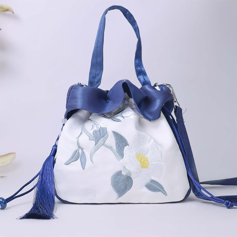 Buddha Stones Suzhou Embroidery Camellia Magnolia Peony Lotus Silk Tote Crossbody Bag Shoulder Bag Handbag