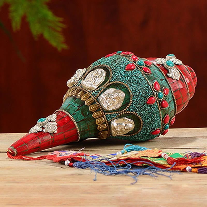 Buddha Stones Tibetan Handmade Shankha Om Mani Padme Hum Buddha Avalokitesvara Turquoise Conch Shell Positive Decoration