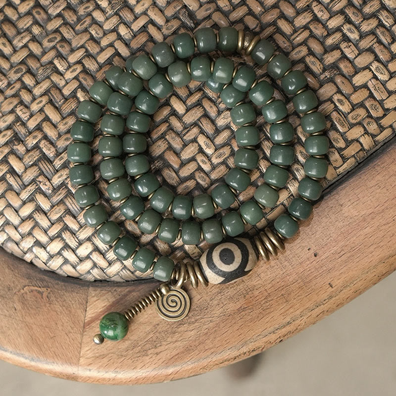 Buddha Stones Cyan Bodhi Seed Dzi Bead Wisdom Peace Triple Wrap Bracelet